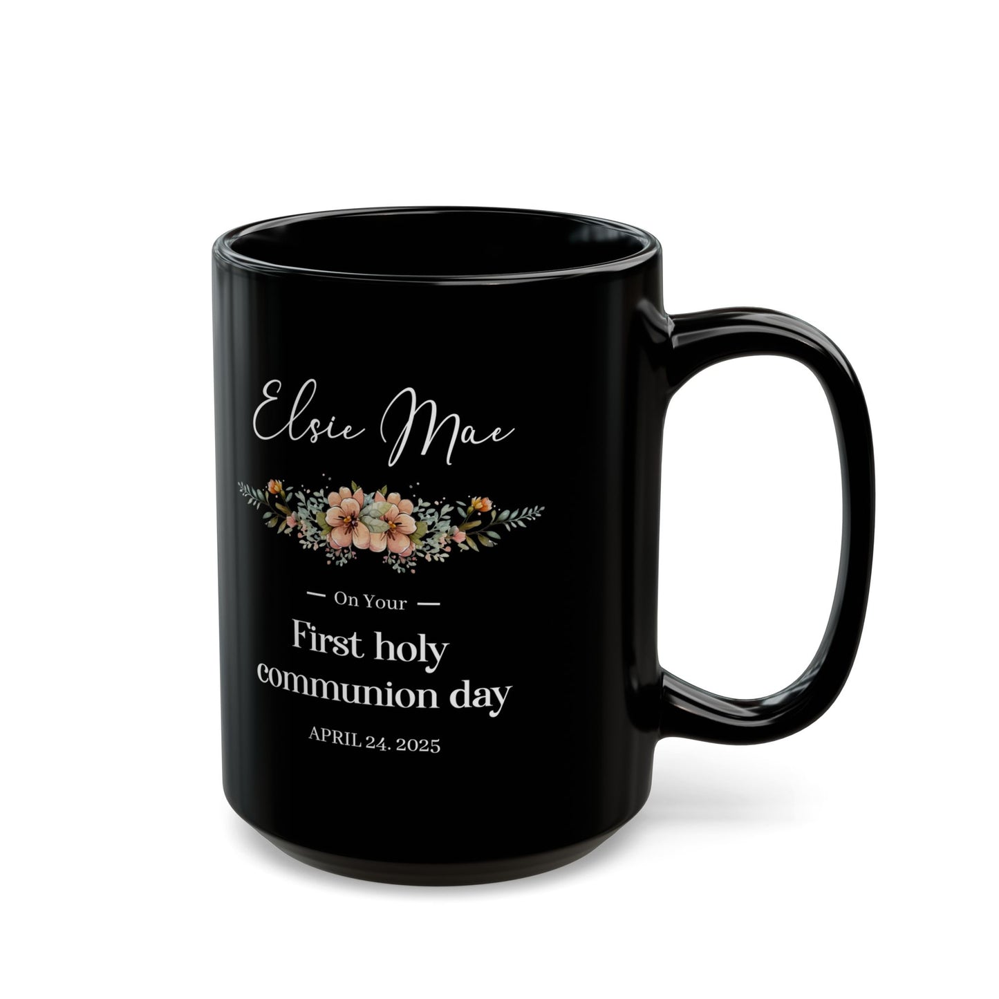 Black First Communion Mug – Custom Floral Gift with Name & Date