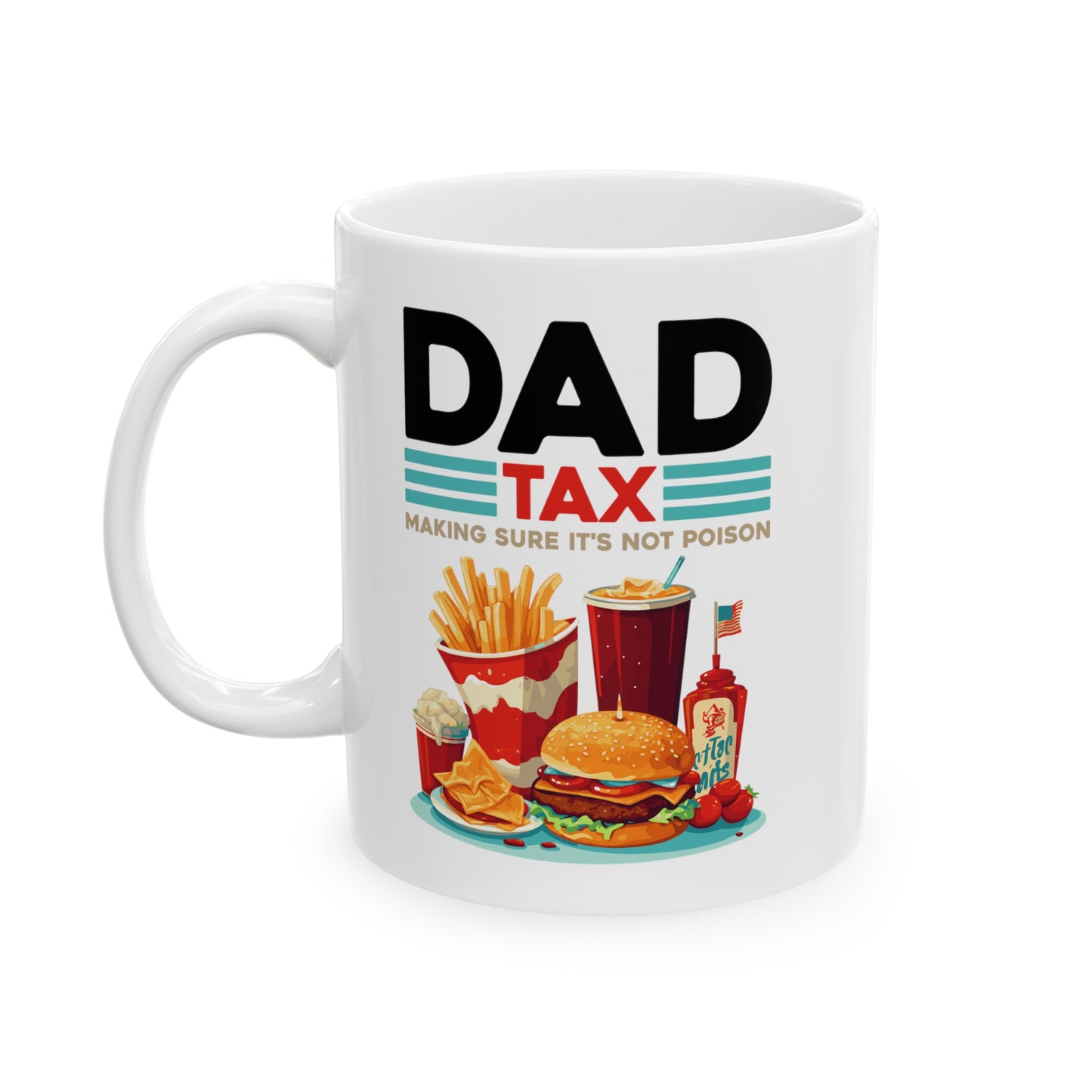Dad Tax Mug – White with Colorful Junk Food Graphics