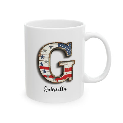 Mug - Patriotic American Flag Letter G with Kevin Name - Vintage Red, White, and Blue Design