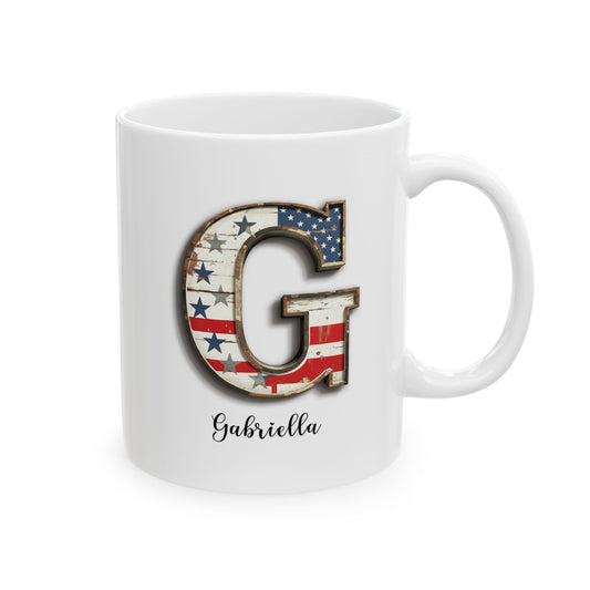 Mug - Patriotic American Flag Letter G with Kevin Name - Vintage Red, White, and Blue Design
