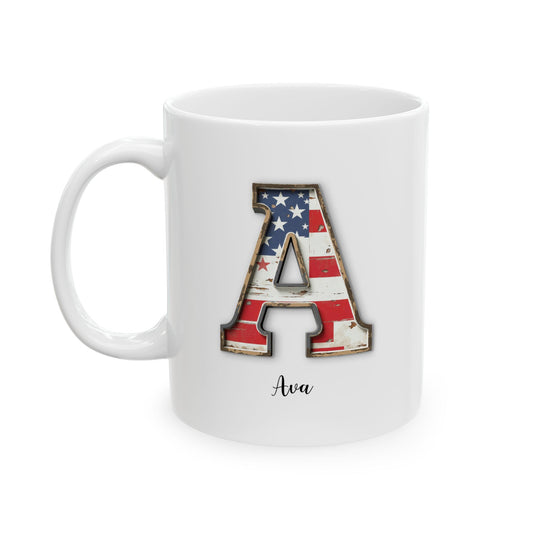 White Patriotic Mug – Letter A with USA Flag – Custom Name Ava Gift