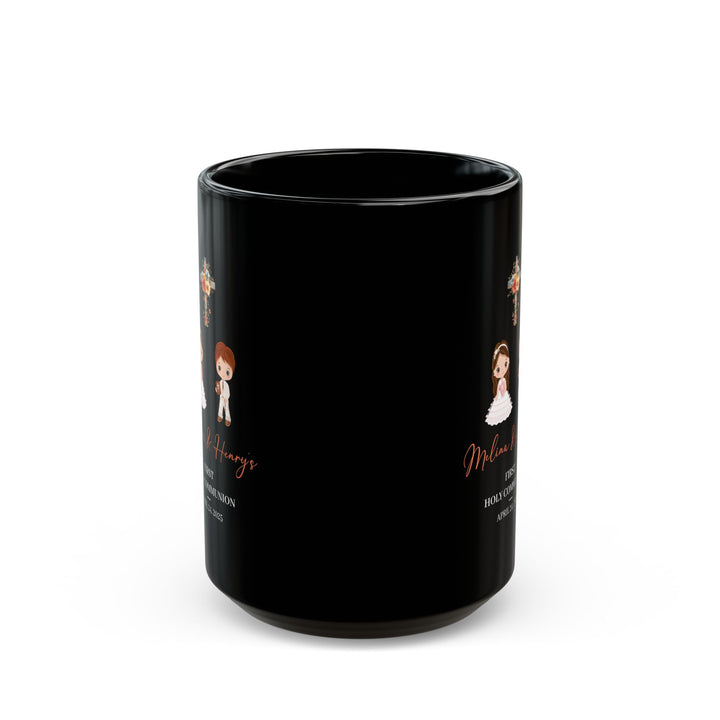 Black First Holy Communion Mug – Gift for Melina & Henry 2025