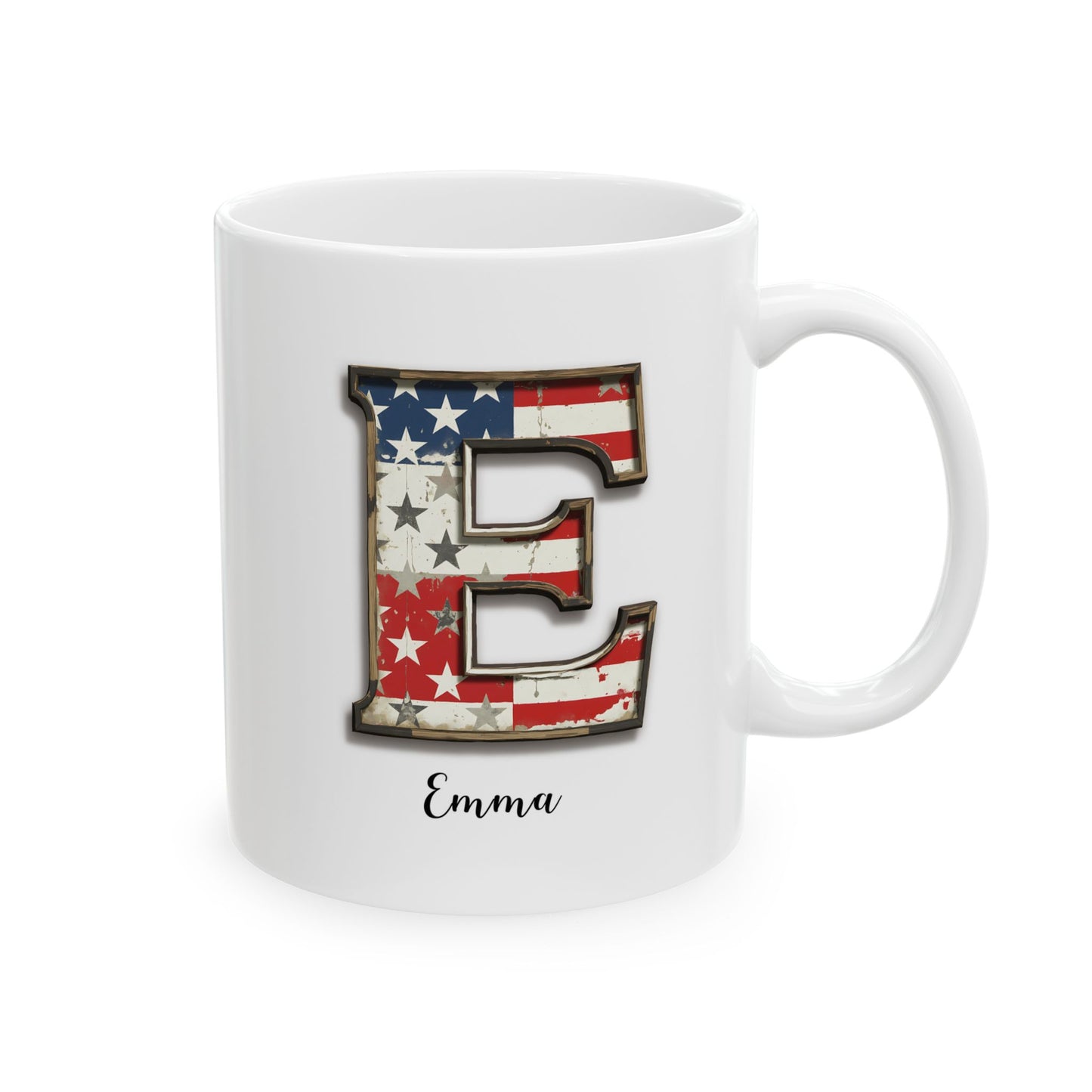Mug - Patriotic American Flag Letter E with Kevin Name - Vintage Red, White, and Blue Design
