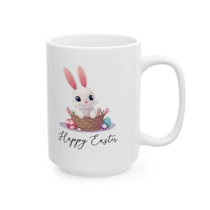 Happy Easter Bunny in Basket Mug – White Cup with Cute Pastel Eggs