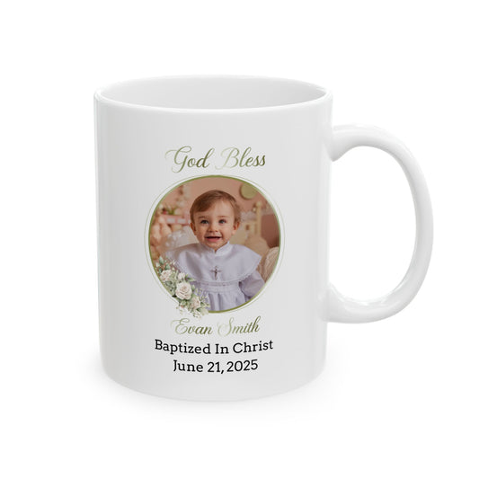 White Personalized Baptism Mug for Baby Boy – Custom Photo, Name & Date – God Bless Evan Smith – Baptized in Christ Keepsake Gift 2025