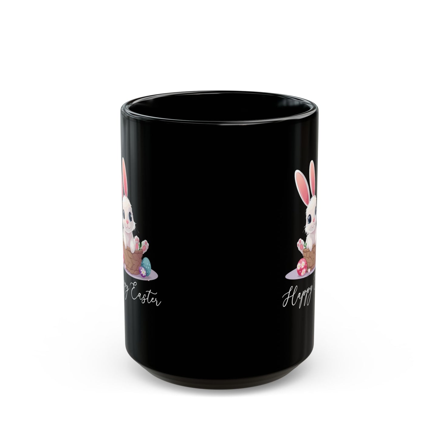 Happy Easter Bunny in Basket Mug – Cute Black Coffee Cup with Pastel Eggs