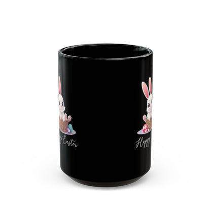 Happy Easter Bunny in Basket Mug – Cute Black Coffee Cup with Pastel Eggs