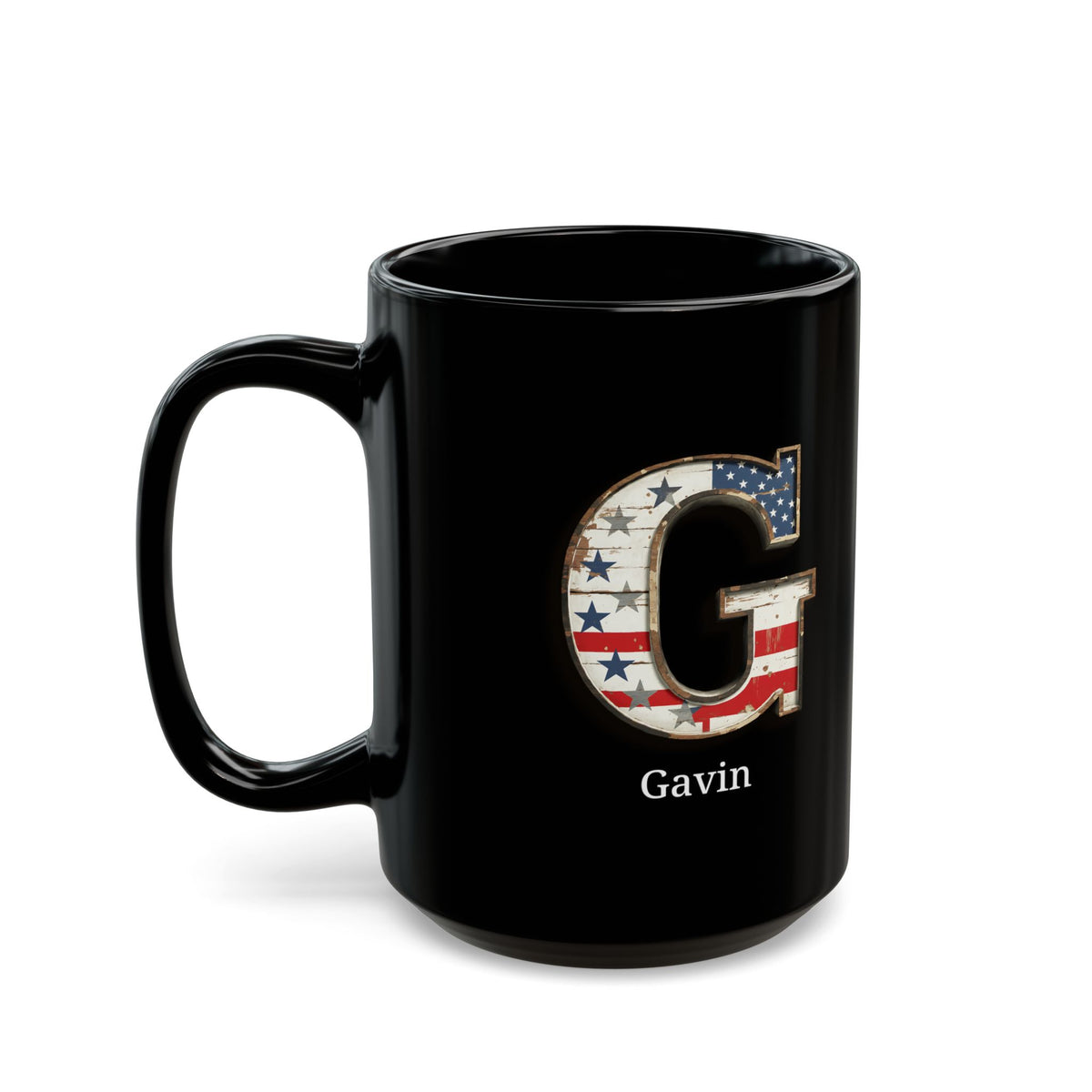 Black Personalized USA Flag Initial Mug with Letter G and Gavin Name Gift for Men, Veterans, Patriotic Coffee Lovers
