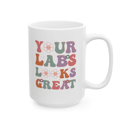 Funny White Coffee Cup for Lab Techs & Nurses – Retro Floral Medical Gift for Healthcare