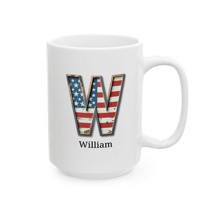 Personalized American Flag Initial Mug with Name Custom USA Letter W Coffee Cup Gift for Men Women Veterans or Patriotic Americans