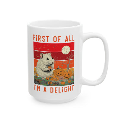 First of All, I'm a Delight Halloween Mug – White Ceramic with Chinchilla and Pumpkins