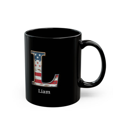 Black American Flag Mug with Letter L and Name Liam Personalized Patriotic Coffee Cup Gift for Men Veterans Military or Proud Americans