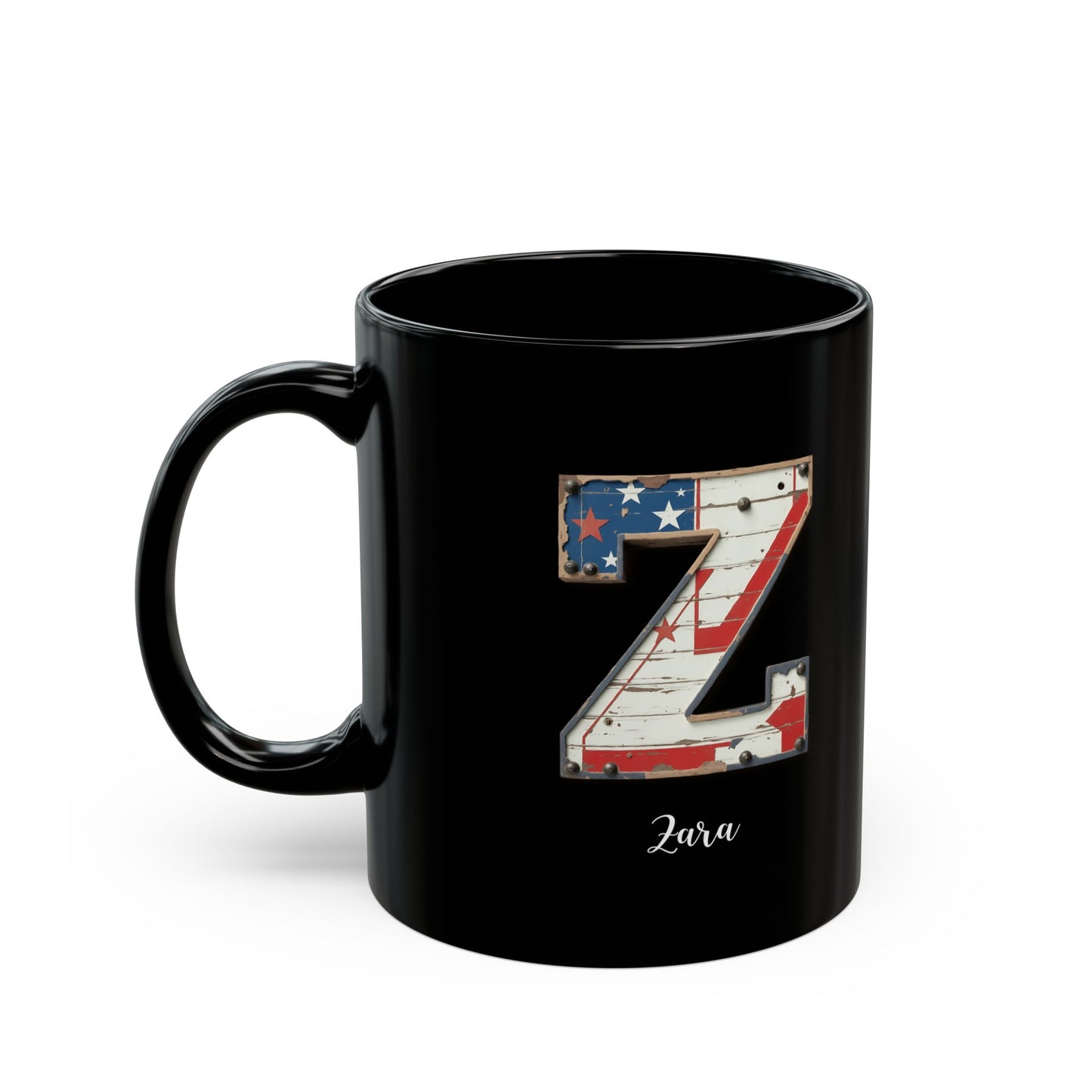Personalized Z Initial Mug – Custom Name Coffee Cup with American Flag Letter