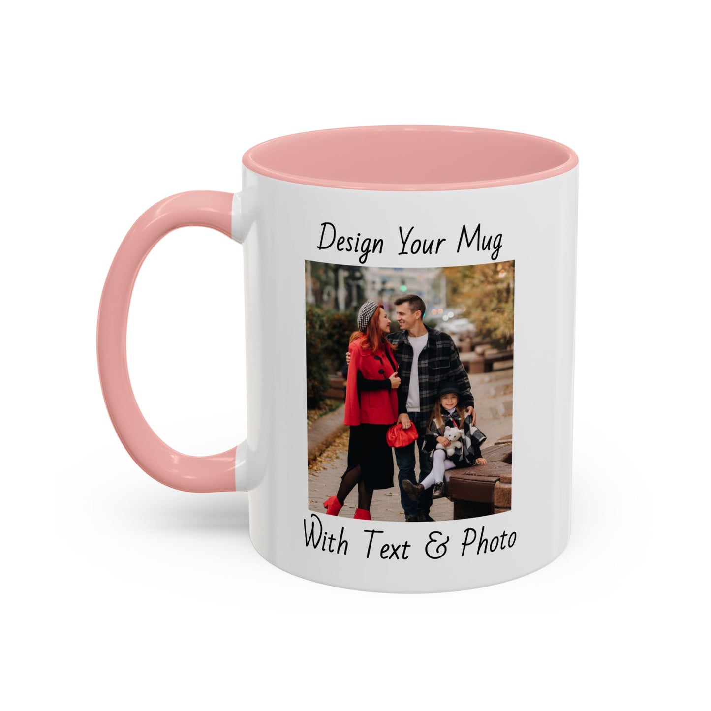 Family Fall Fashion - Mom, Dad, and Daughter in Stylish Outerwear Outdoors Mug