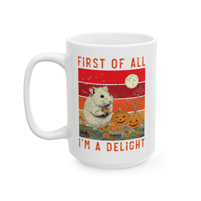 First of All, I'm a Delight Halloween Mug – White Ceramic with Chinchilla and Pumpkins