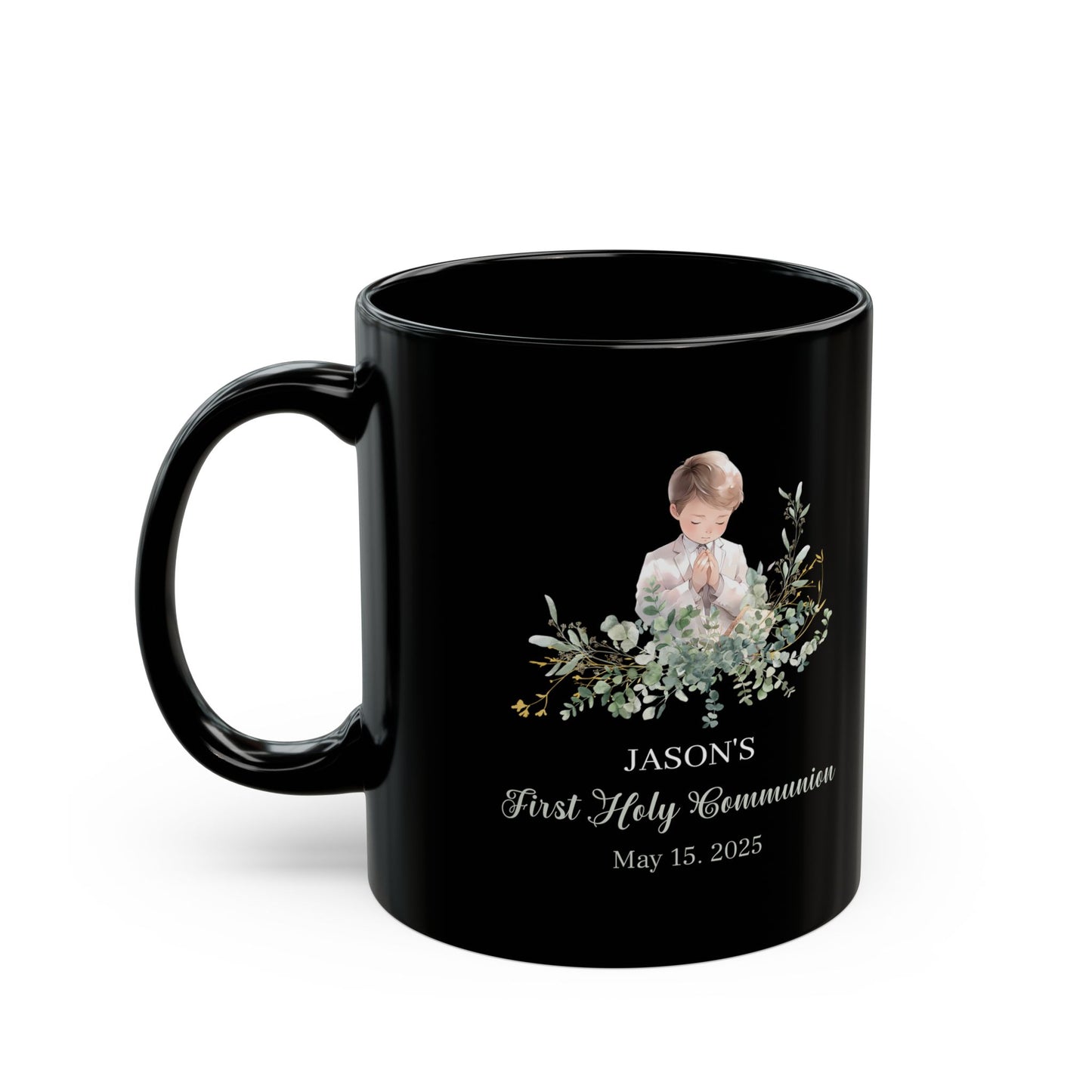 Jason's First Holy Communion Black Mug – Custom May 15, 2025 Gift