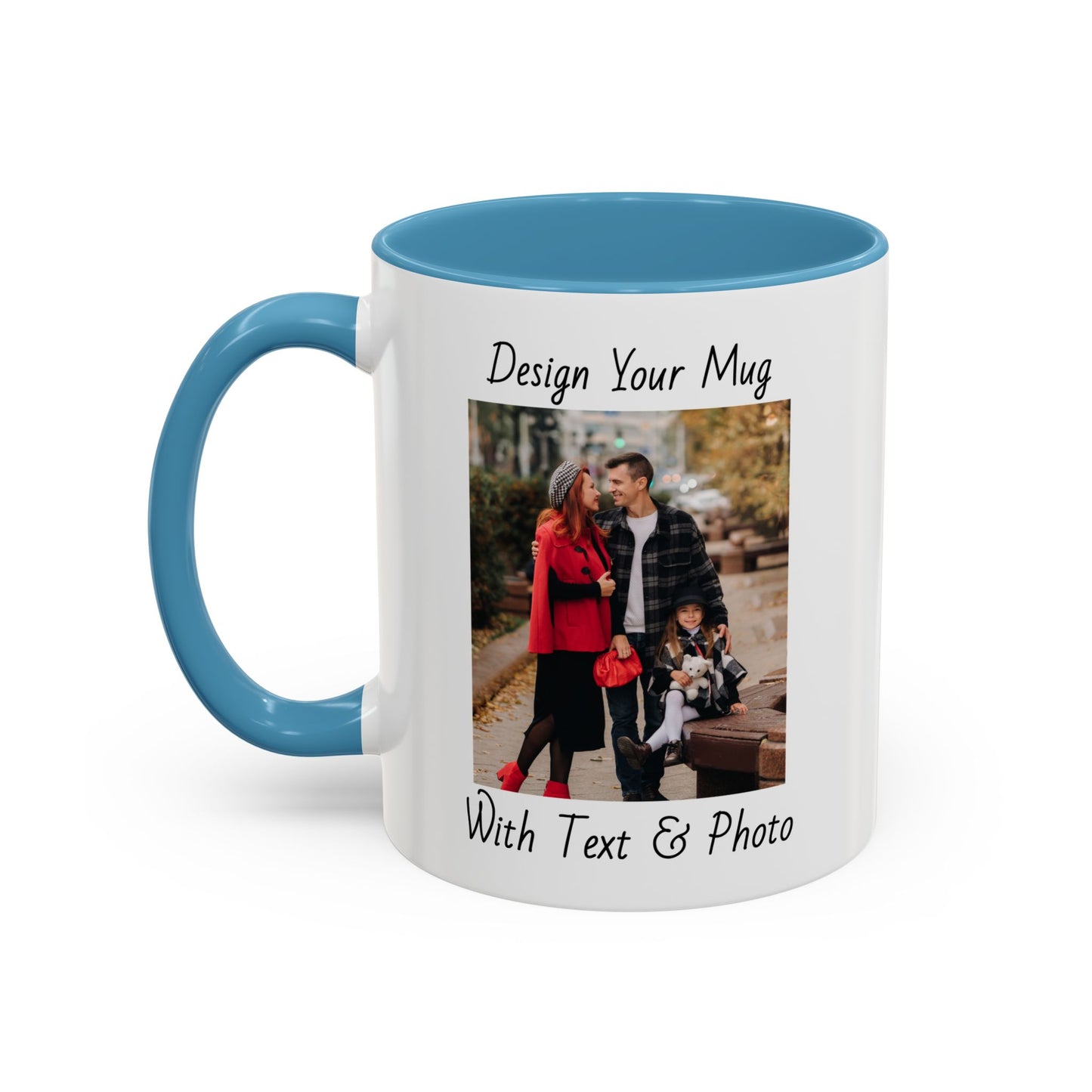 Family Fall Fashion - Mom, Dad, and Daughter in Stylish Outerwear Outdoors Mug