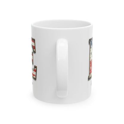 Mug - Patriotic American Flag Letter E with Kevin Name - Vintage Red, White, and Blue Design