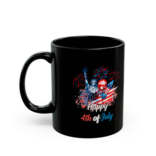 Happy 4th of July Black Mug – Statue of Liberty, Fireworks, Patriotic Gift