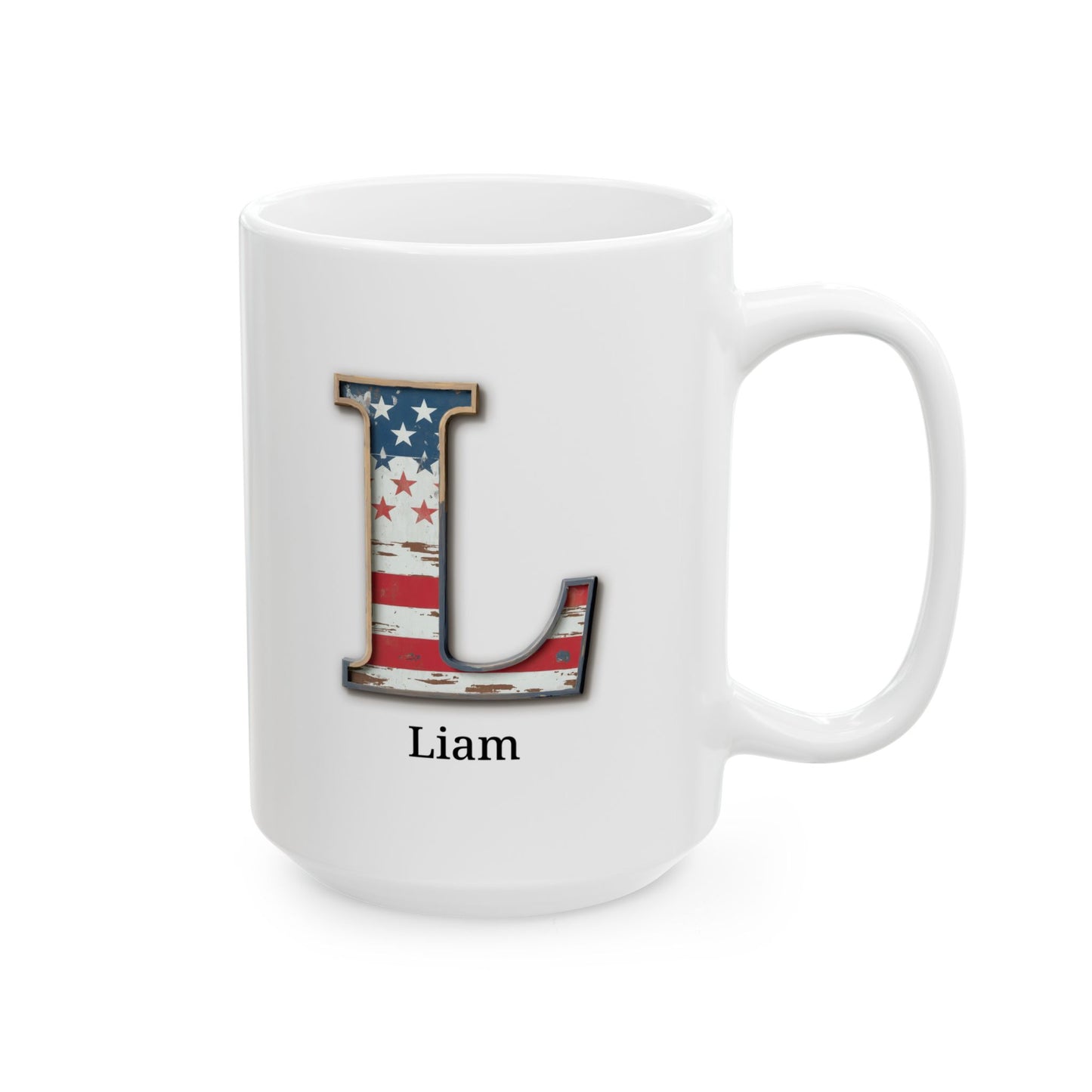 White American Flag Mug with Letter L and Name Liam Personalized Patriotic Coffee Cup Gift for Veterans Military or Proud USA Supporters