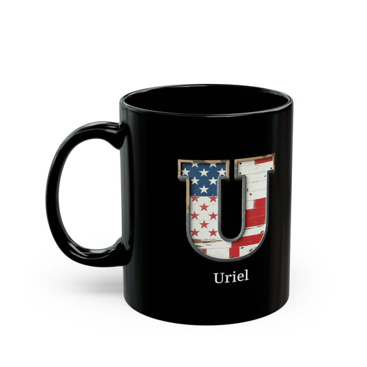 Black American Flag Mug with Letter U and Name Uriel Personalized Patriotic Coffee Cup Gift for Men Veterans or USA Supporters