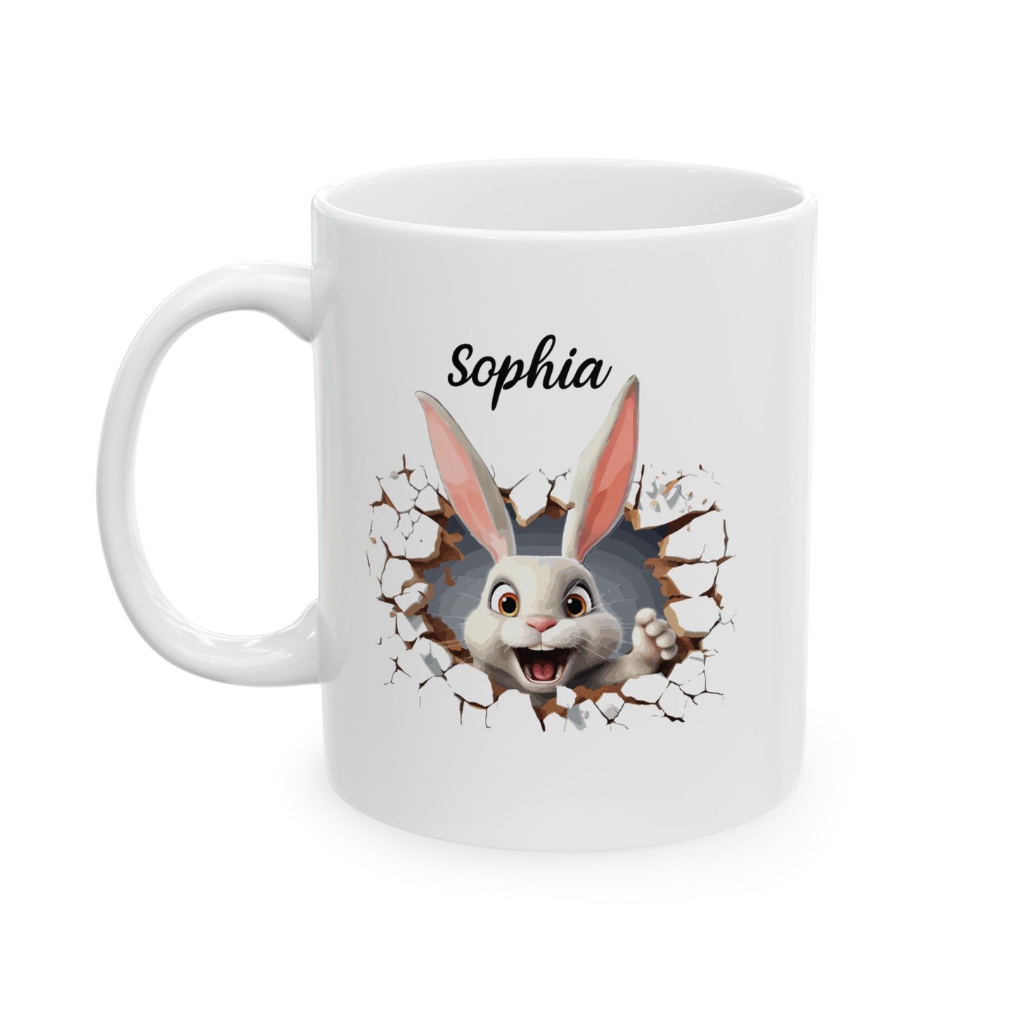 Funny Bunny Cracked Wall Mug – Custom Name Gift for Kids