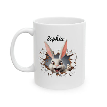 Funny Bunny Cracked Wall Mug – Custom Name Gift for Kids