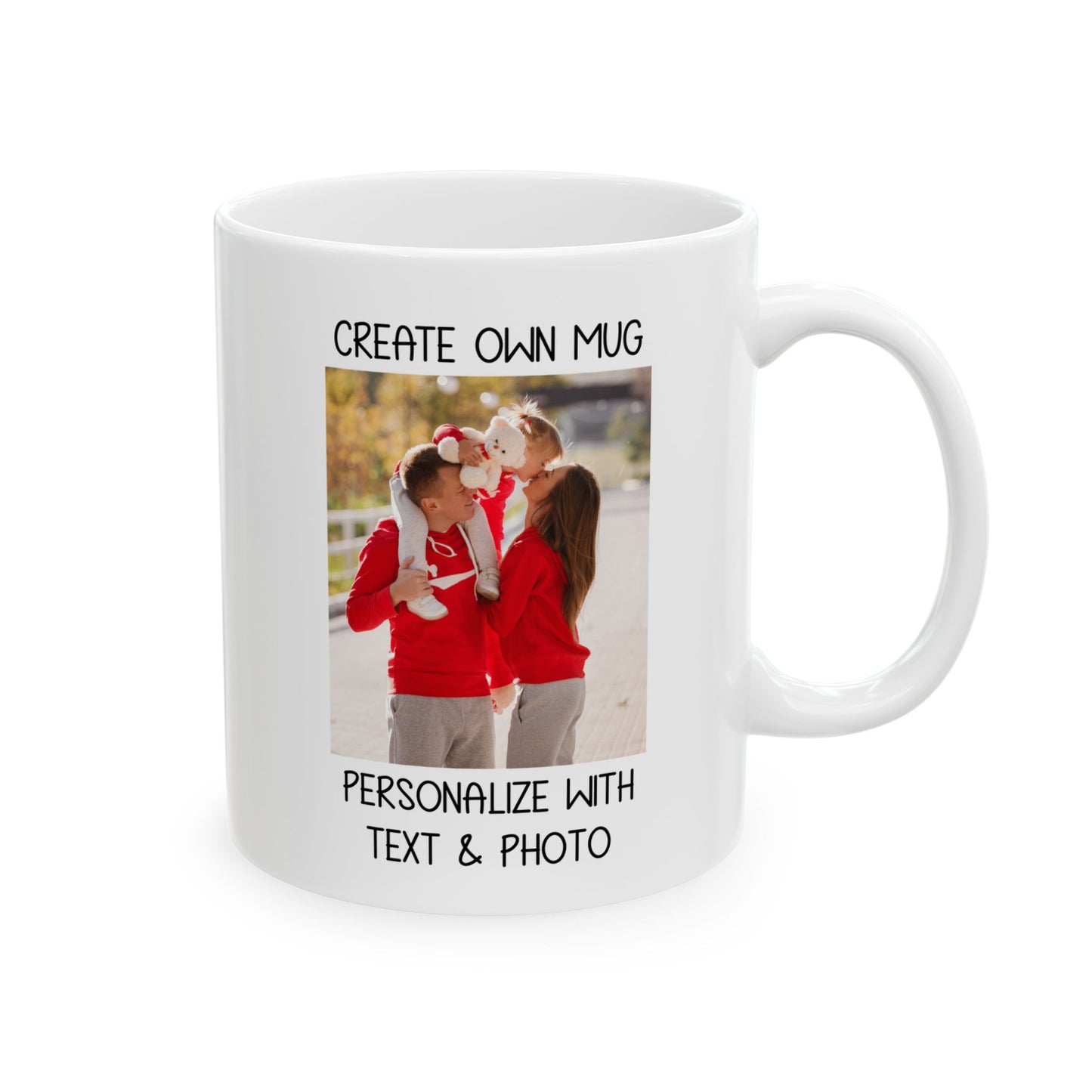 Happy Family Moments in Red Hoodies - Dad, Mom, and Daughter Outdoors Mug