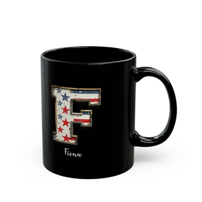 Mug - Patriotic American Flag Letter F with Kevin Name - Vintage Red, White, and Blue Design