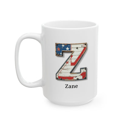 White Personalized USA Flag Initial Mug with Letter Z and Zane Name Gift for Men, Veterans, Patriotic Coffee Lovers
