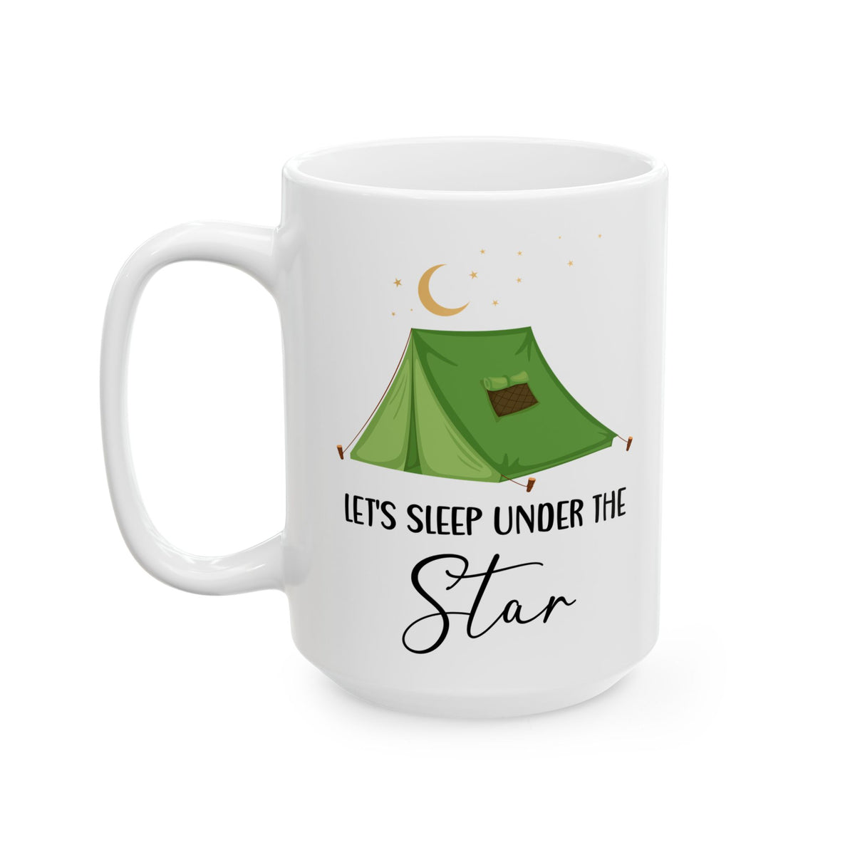 Green Camping Tent Under Moon and Stars Ceramic Mug, (11oz, 15oz)