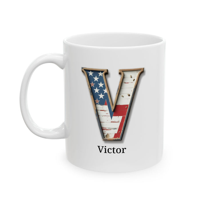 White American Flag Mug with Letter V and Name Victor Personalized Patriotic Coffee Cup Gift for Men Veterans or USA Flag Lovers