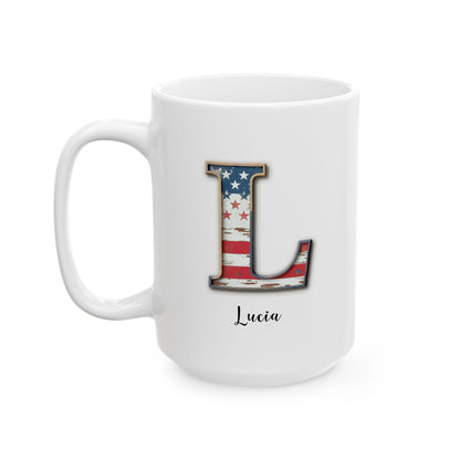 Mug - Patriotic American Flag Letter L with Kevin Name - Vintage Red, White, and Blue Design