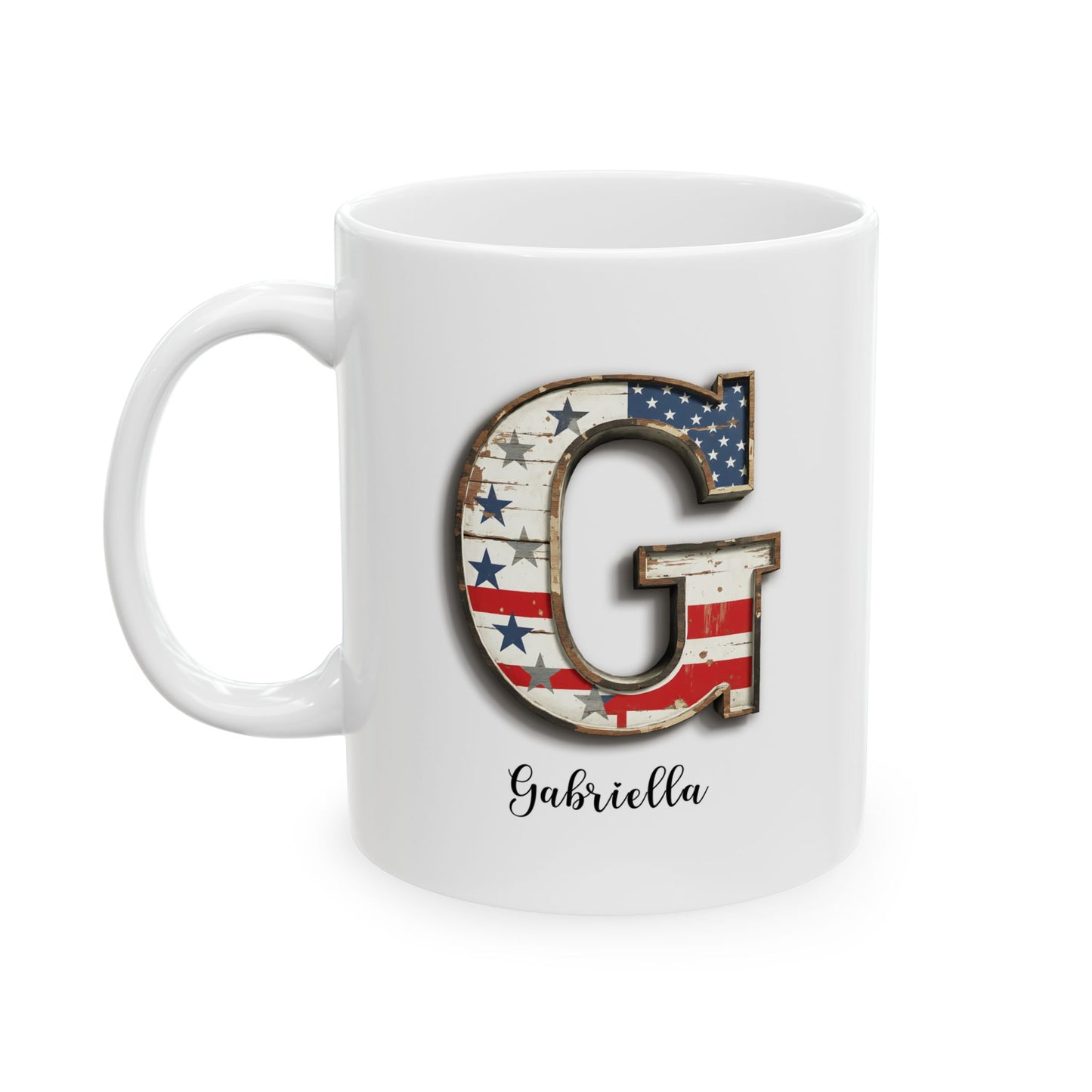 Mug - Patriotic American Flag Letter G with Kevin Name - Vintage Red, White, and Blue Design