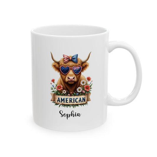 Custom Patriotic Highland Cow Mug – Personalized 4th of July Gift