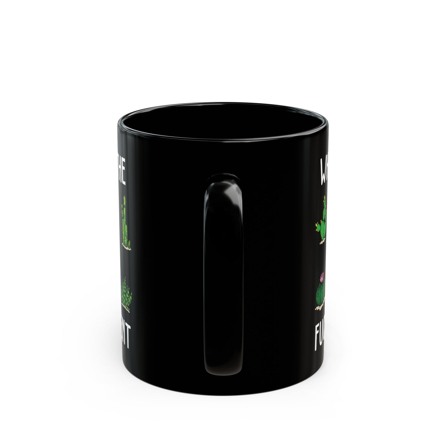 What The Fucculent Mug – Black with Green Succulent Design