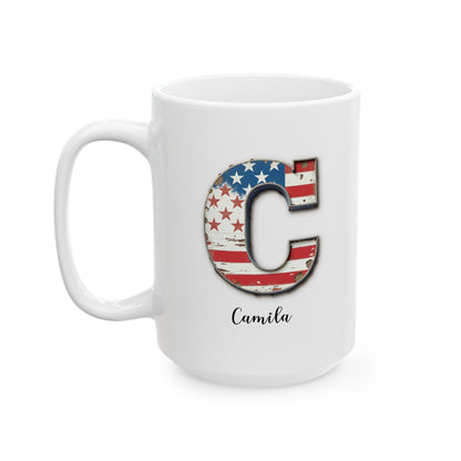 Mug - Patriotic American Flag Letter C with Kevin Name - Vintage Red, White, and Blue Design