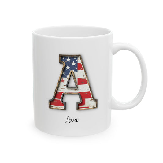 Mug - Patriotic American Flag Letter A with Kevin Name - Vintage Red, White, and Blue Design