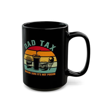 Dad Tax Mug – Black Retro Sunset Design with Snack Graphics