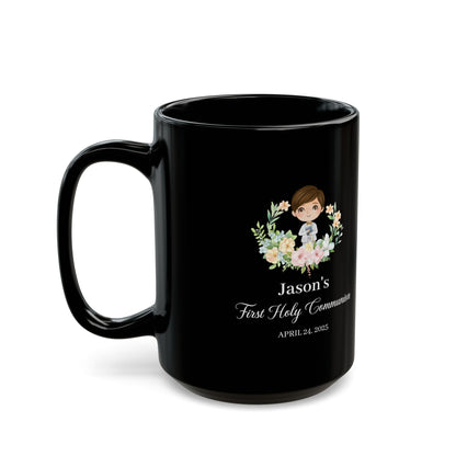 Custom Black Communion Mug for Boy – Personalized First Holy Gift
