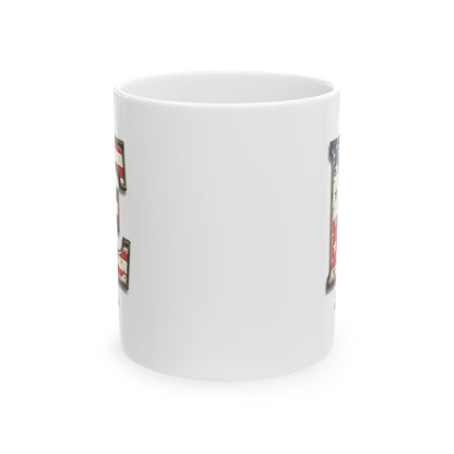 Mug - Patriotic American Flag Letter E with Kevin Name - Vintage Red, White, and Blue Design