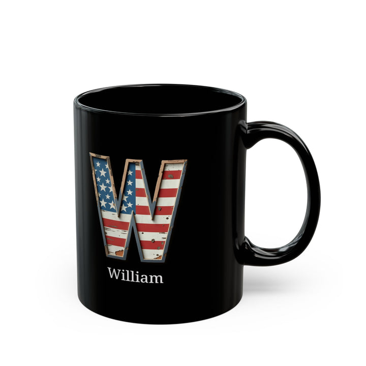 Black Personalized USA Flag Initial Mug with Letter W and William Name Gift for Men, Veterans, Patriotic Coffee Lovers