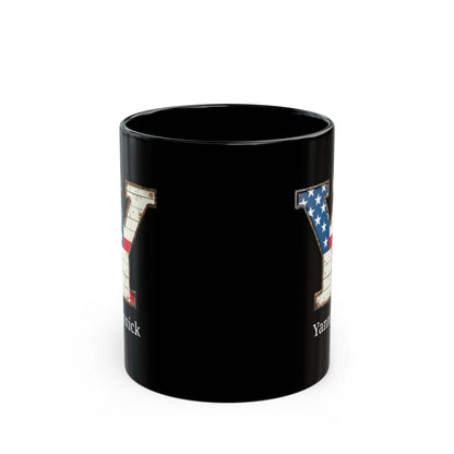 Black Personalized USA Flag Initial Mug with Letter Y and Yannick Name Gift for Men, Veterans, Patriotic Coffee Lovers