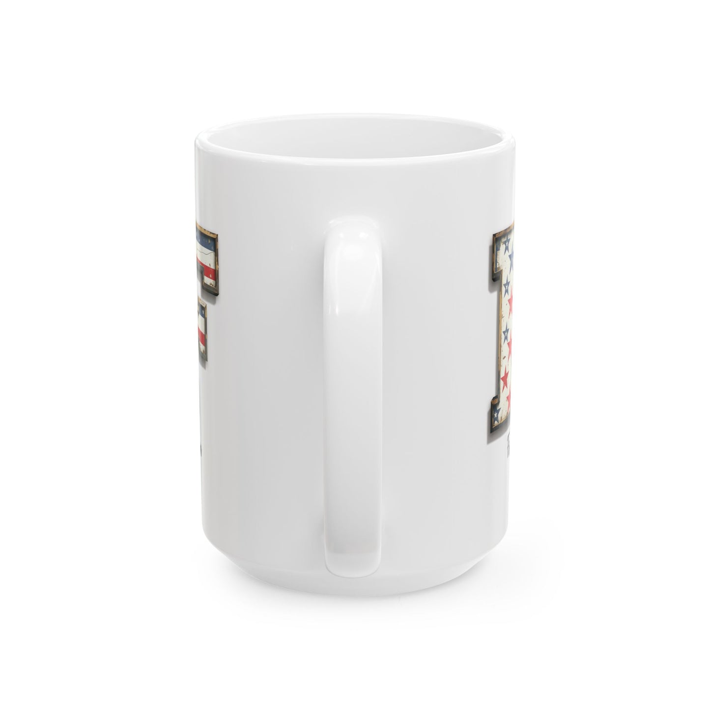 Mug - Patriotic American Flag Letter F with Kevin Name - Vintage Red, White, and Blue Design