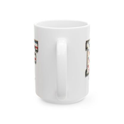 Mug - Patriotic American Flag Letter F with Kevin Name - Vintage Red, White, and Blue Design