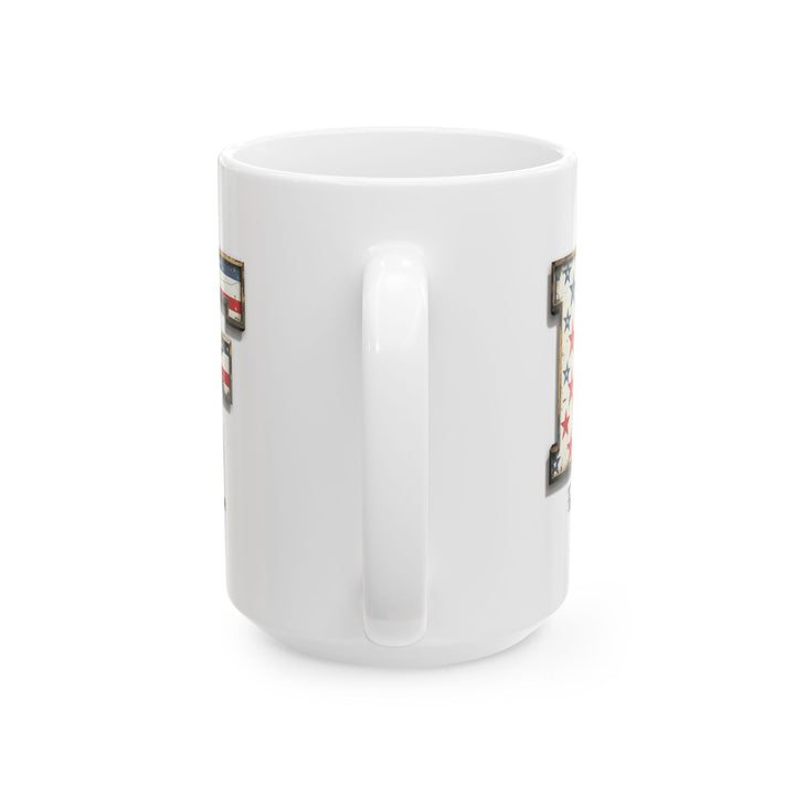 Mug - Patriotic American Flag Letter F with Kevin Name - Vintage Red, White, and Blue Design