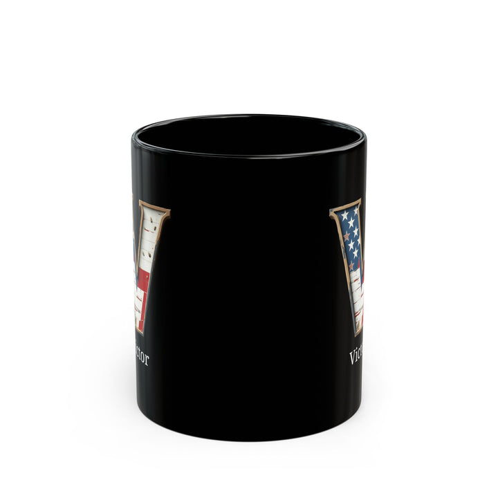 Personalized Black American Flag Mug with Letter V and Name Victor Custom Patriotic Coffee Cup Gift for Men Veterans or USA Lovers