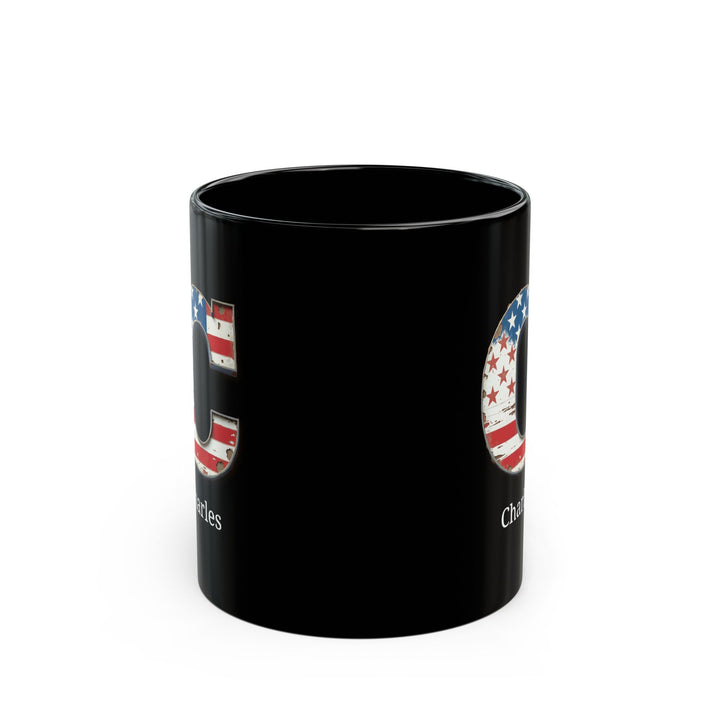 Black Personalized USA Flag Initial Mug with Letter C and Charles Name Gift for Men, Veterans, Patriotic Coffee Lovers