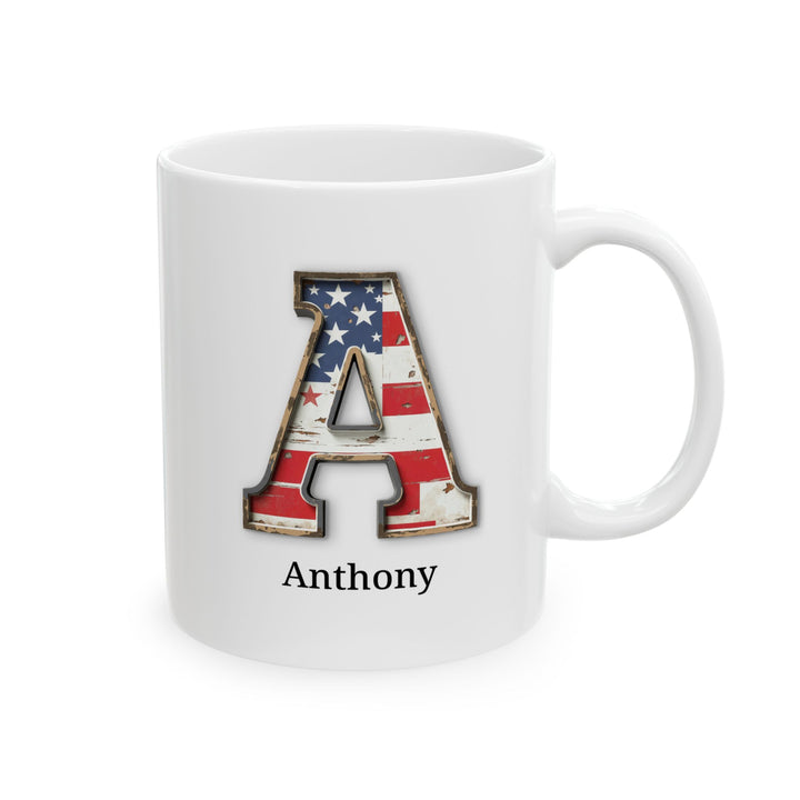 White Personalized USA Flag Initial Mug with Letter A and Anthony Name Gift for Men, Veterans, Patriotic Coffee Lovers