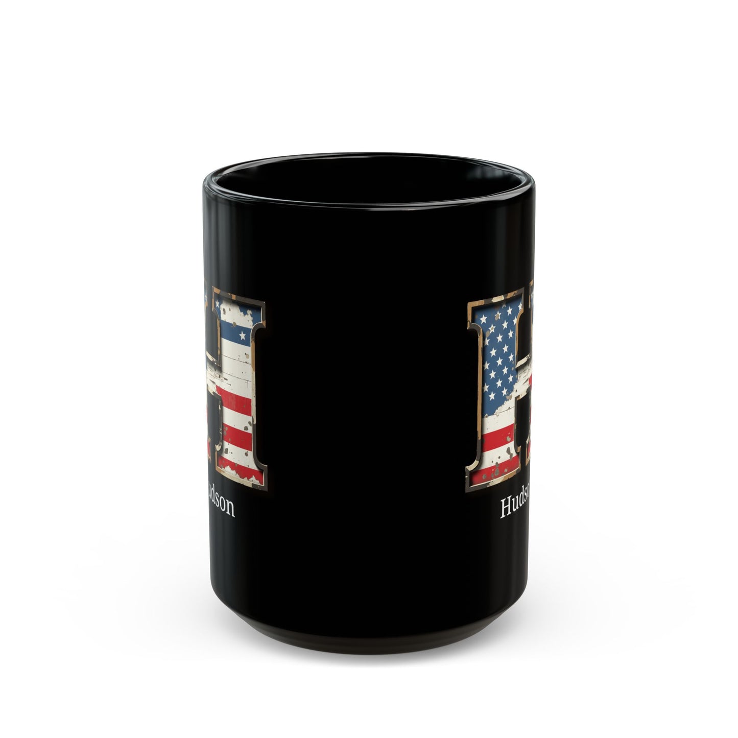 Black Personalized USA Flag Initial Mug with Letter H and Hudson Name Gift for Men, Veterans, Patriotic Coffee Lovers